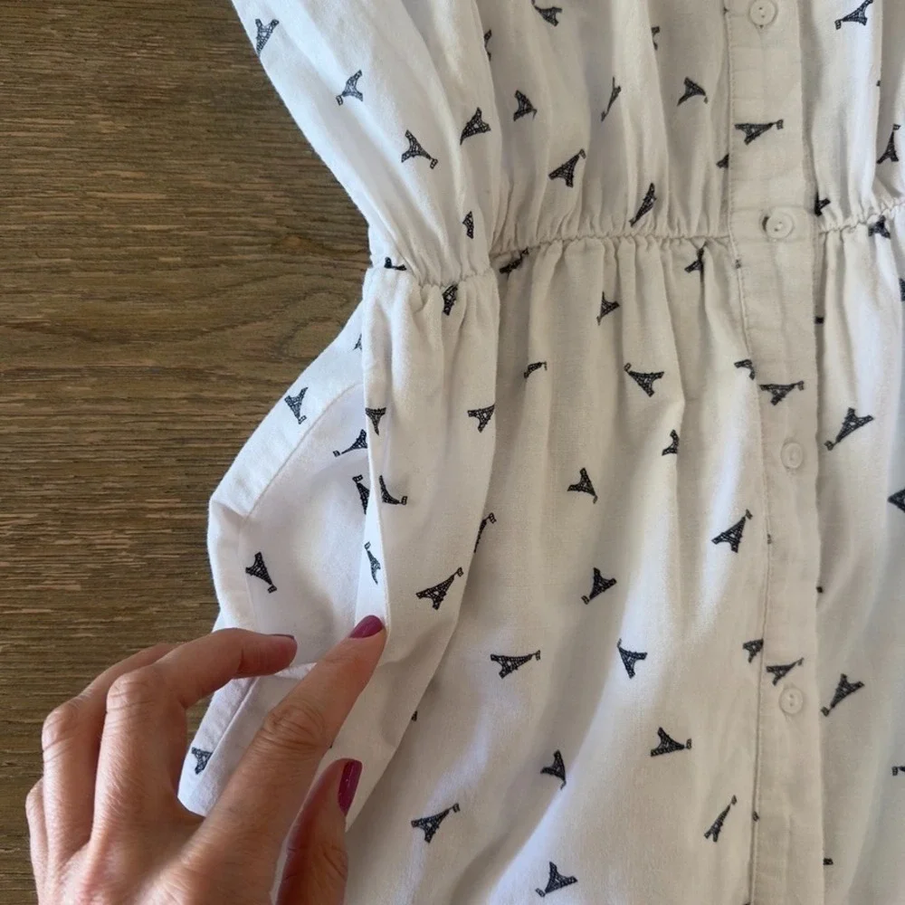 ELLISON Linen Blend Eiffel Tower Print Button Up Shirt Dress-White Knee Length-S